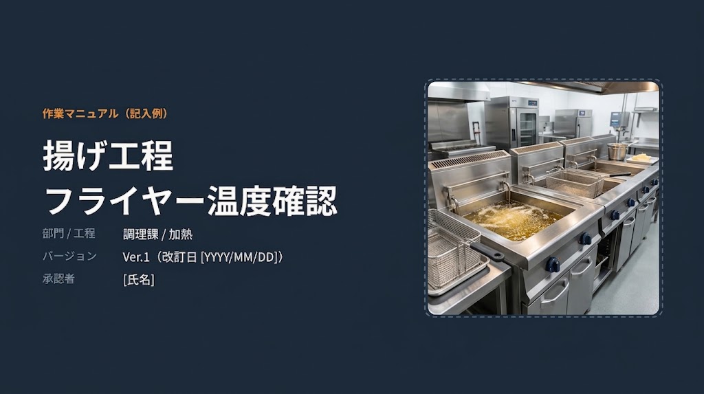 作業マニュアル「揚げ工程 フライヤー温度確認」の表紙画像。左側に部門・バージョンなどの記載があり、右側に厨房内のフライヤー設備の写真が配置されています。