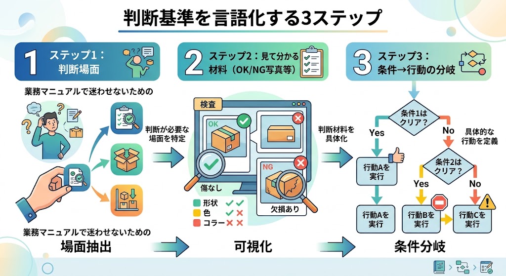 業務マニュアルで迷わせないための判断基準を言語化する3ステップ(場面抽出・可視化・条件分岐)の図解