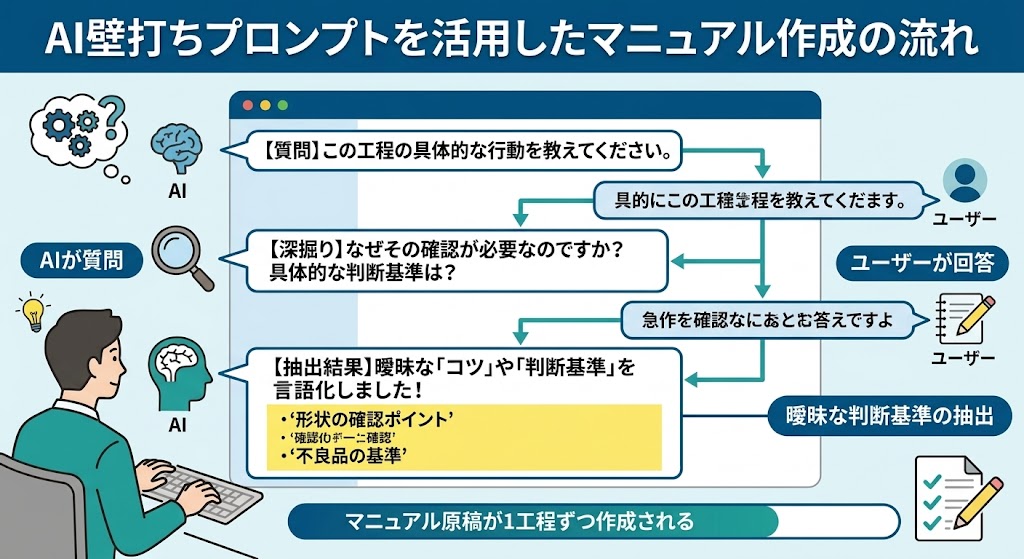 AIからの深掘り質問に答えることでマニュアル原稿が作成できる壁打ち対話の仕組み図解