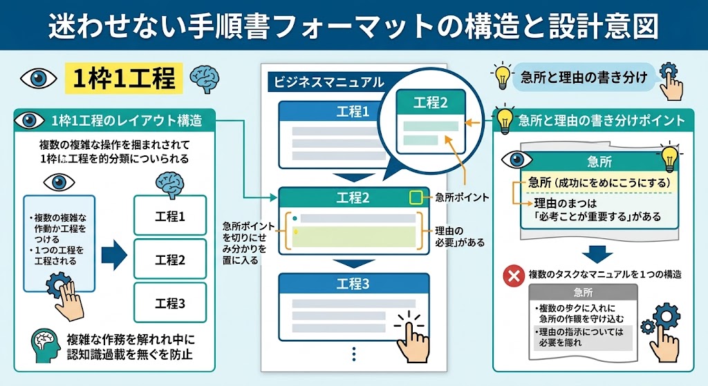 読者の迷いを軽減する1枠1工程と急所・理由を配置した手順書フォーマットの設計図