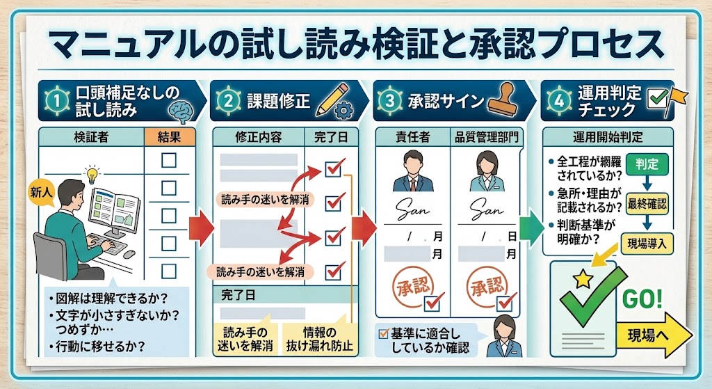 新人による試し読み検証から責任者・品質管理部門の承認を経て現場運用へ繋げるフロー