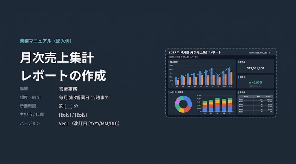 業務マニュアル「月次売上集計レポートの作成」の表紙スライド。左側に営業事務・頻度・締切などの概要、右側に完成した売上集計レポート画面のキャプチャが配置されています。