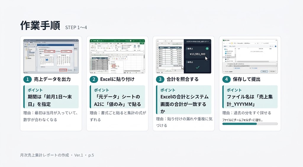 月次売上集計レポートの作業手順(STEP 1〜4)。1. 売上データ出力、2. Excel貼り付け、3. 合計照合、4. 保存・提出の各工程が画面キャプチャとポイント解説付きで並んでいます。